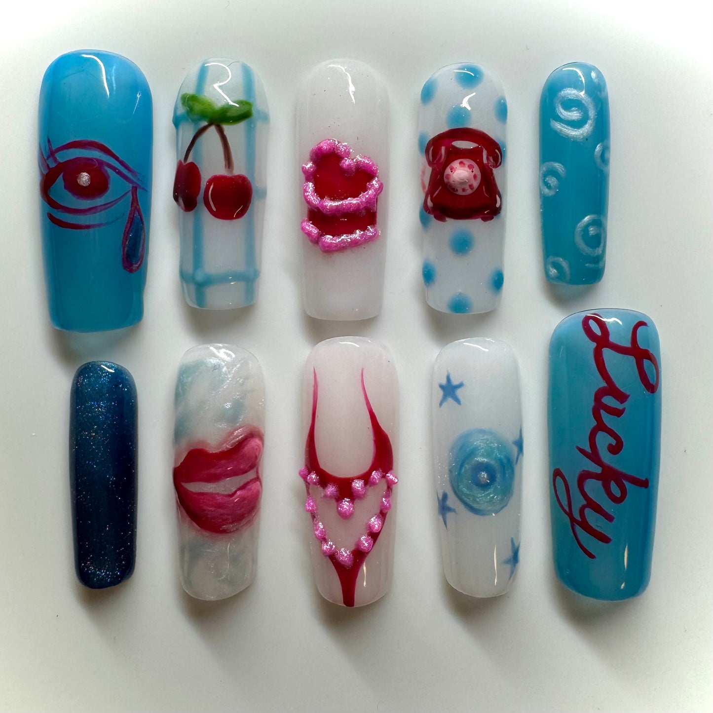 Lucky Me 🍒💿👄 ✨ Blue Y2K Nails
