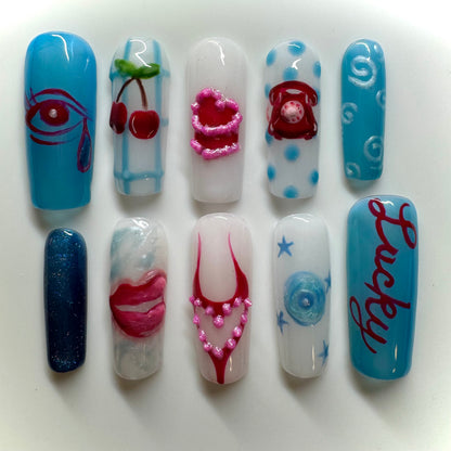 Lucky Me 🍒💿👄 ✨ Blue Y2K Nails