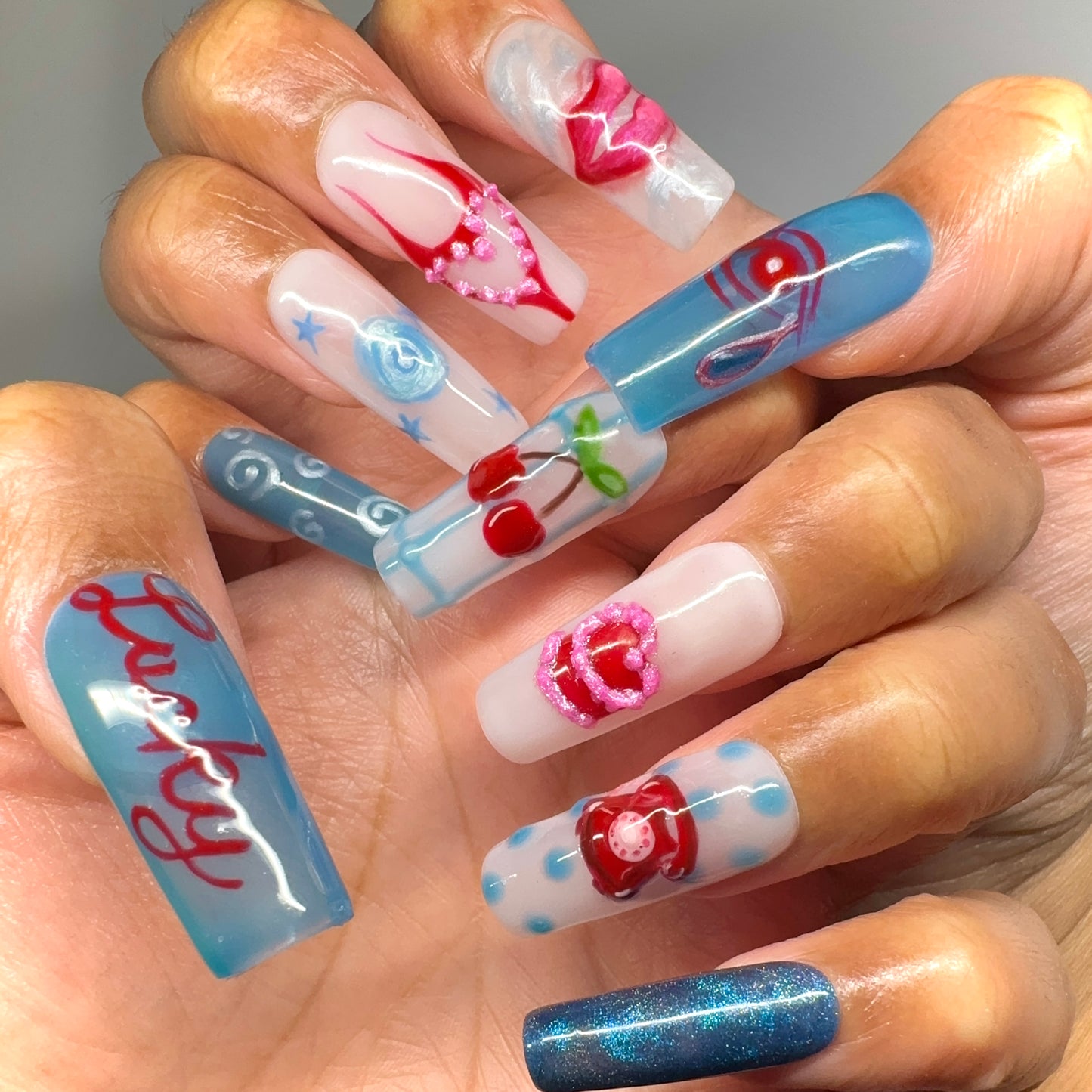 Lucky Me 🍒💿👄 ✨ Blue Y2K Nails