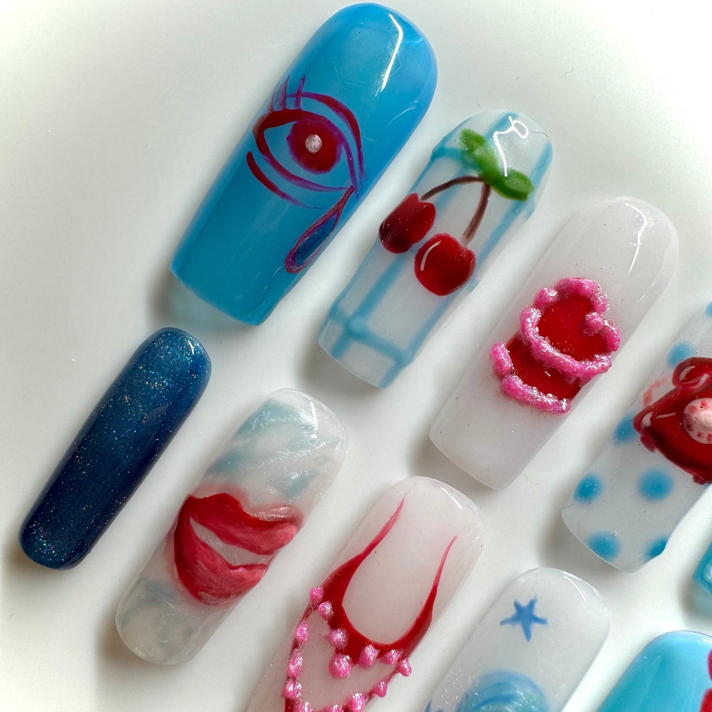 Lucky Me 🍒💿👄 ✨ Blue Y2K Nails
