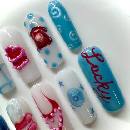 Lucky Me 🍒💿👄 ✨ Blue Y2K Nails