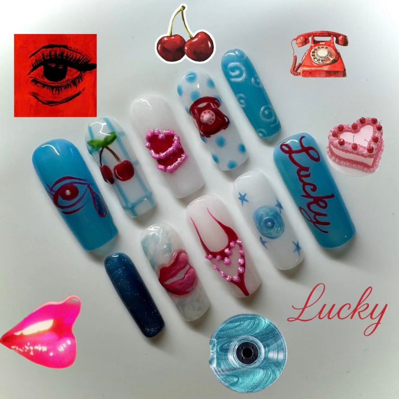 Lucky Me 🍒💿👄 ✨ Blue Y2K Nails